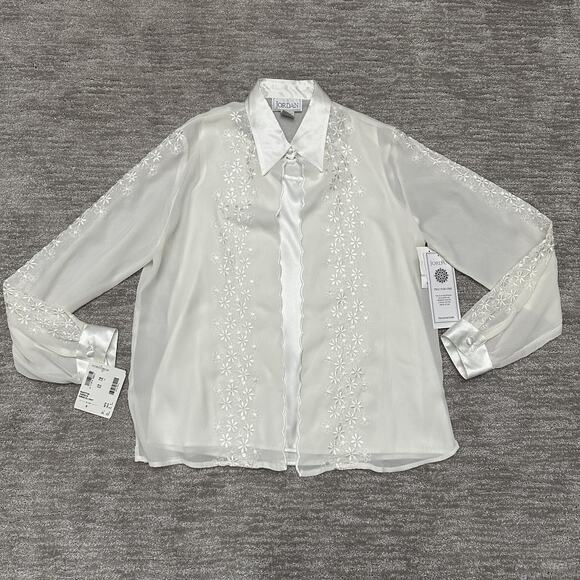 VTG Jordan Shirt Womens M Sheer Embroidered Floral Button Blouse Secretary 90s - Picture 1 of 16